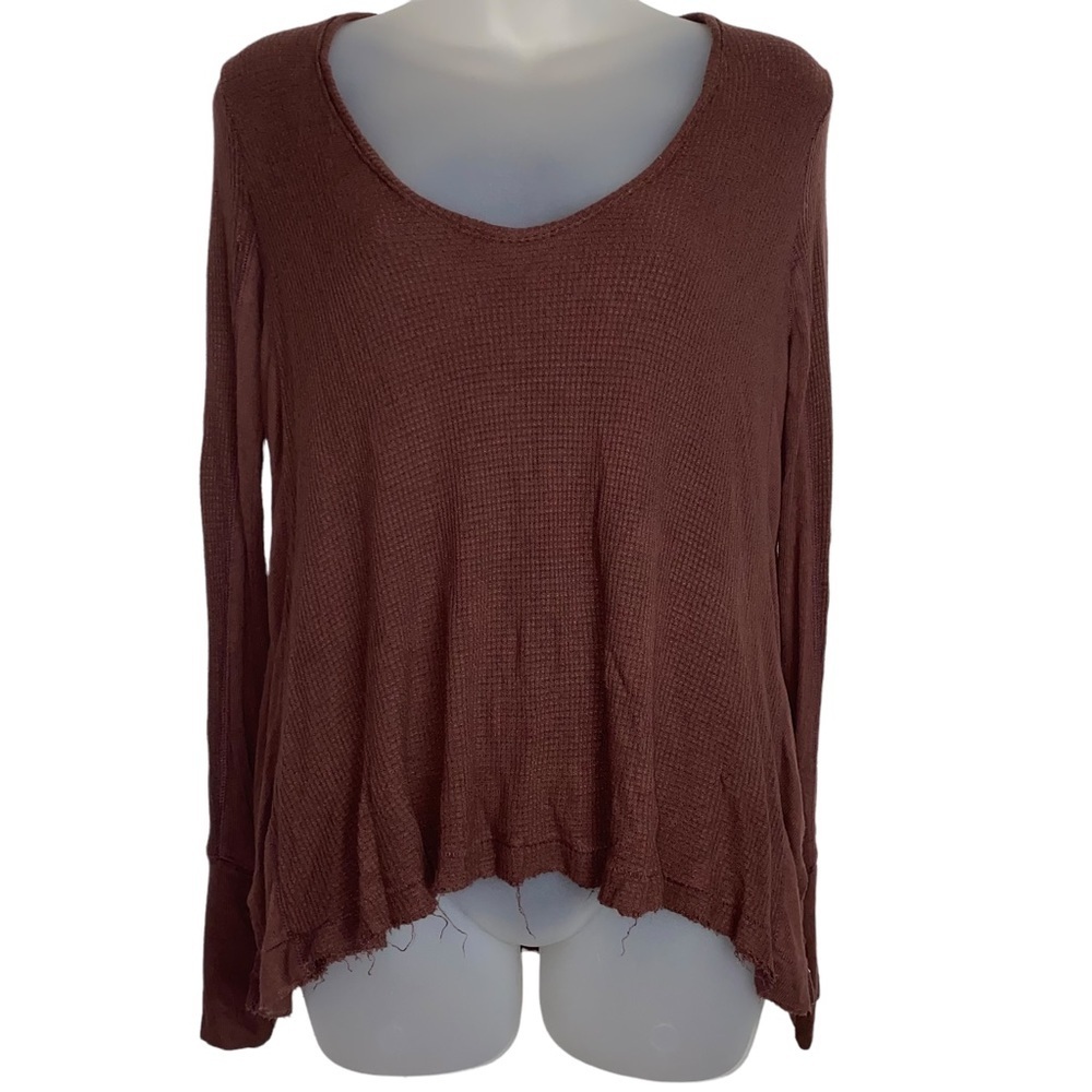 We The Free brown scoop neck raw hem oversized thermal top